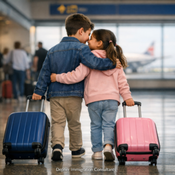 CHILDREN AT THE AIRPORT WALKING WITH LUGGAGE